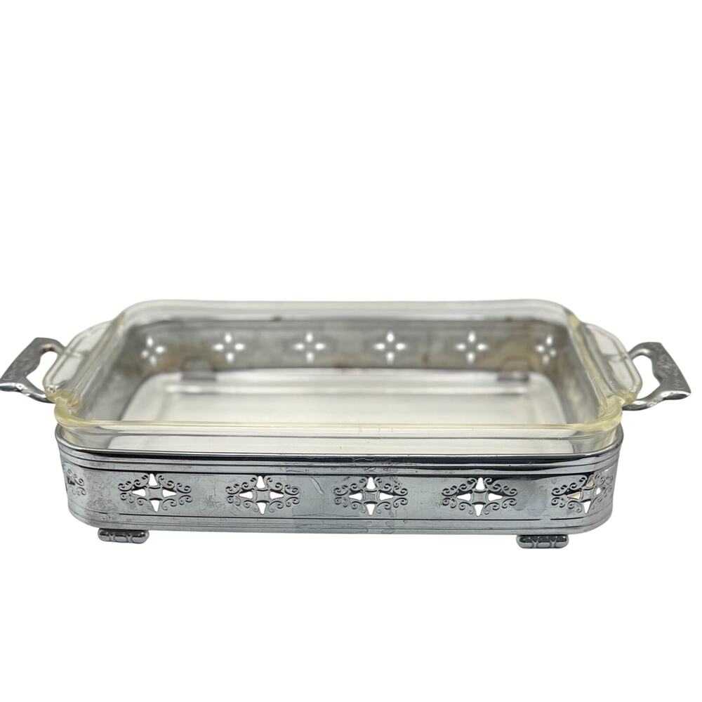 Fire-King‎ Casserole Dish 2QT Clear Glass Silver Metal Filigree Holder VTG USA